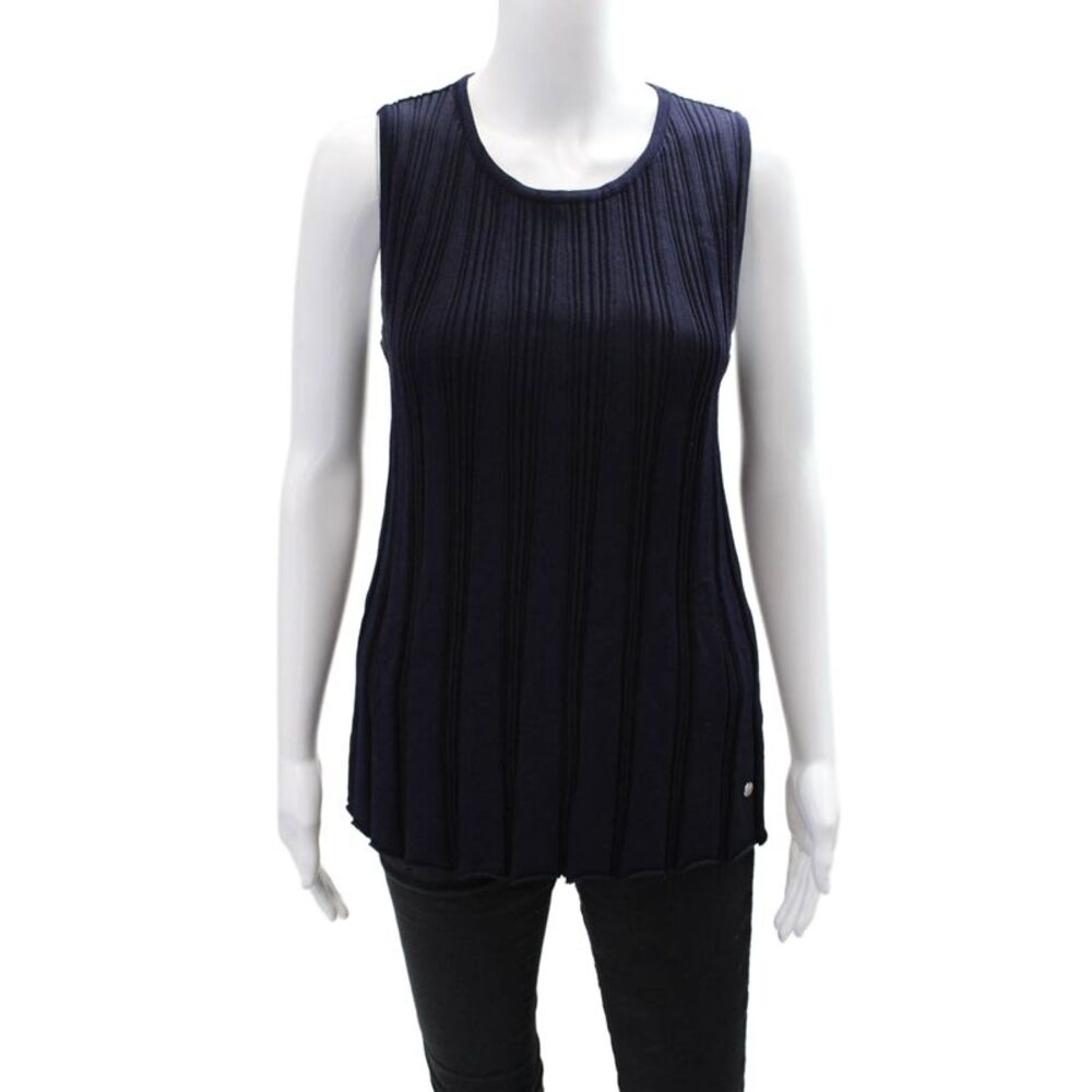 Biana Womens Stretch Ribbed Round Neckline Sleeveless Blouse Navuy Blue Size L